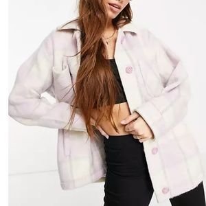 ✨NWT Hollister ASOS Lavender Cream Plaid Shacket Coat Shaggy Relaxed Streetwear